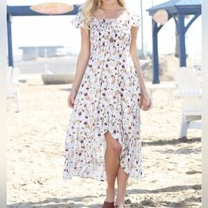 Anada’s Woman White Floral Smocked Flutter- Sleeve 100% Rayon Dress, L